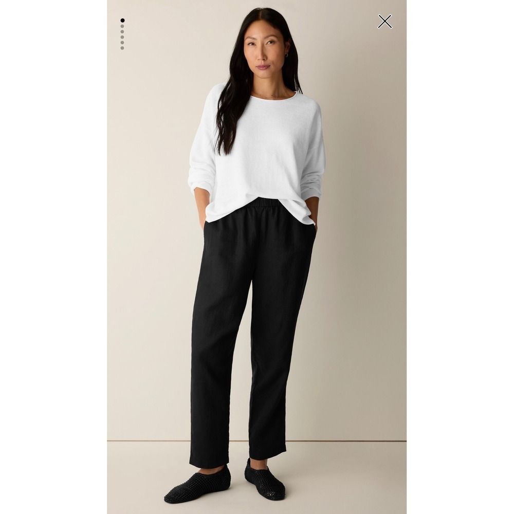 Eileen Fisher Black Organic Linen Tapered Pants Size Medium M Elastic Waist